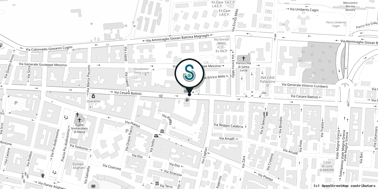 Mappa in bianco e nero del quartiere della sede: il logo di Satagroup segna Via Cesare Battisti, 244 – 74121 Taranto (TA).